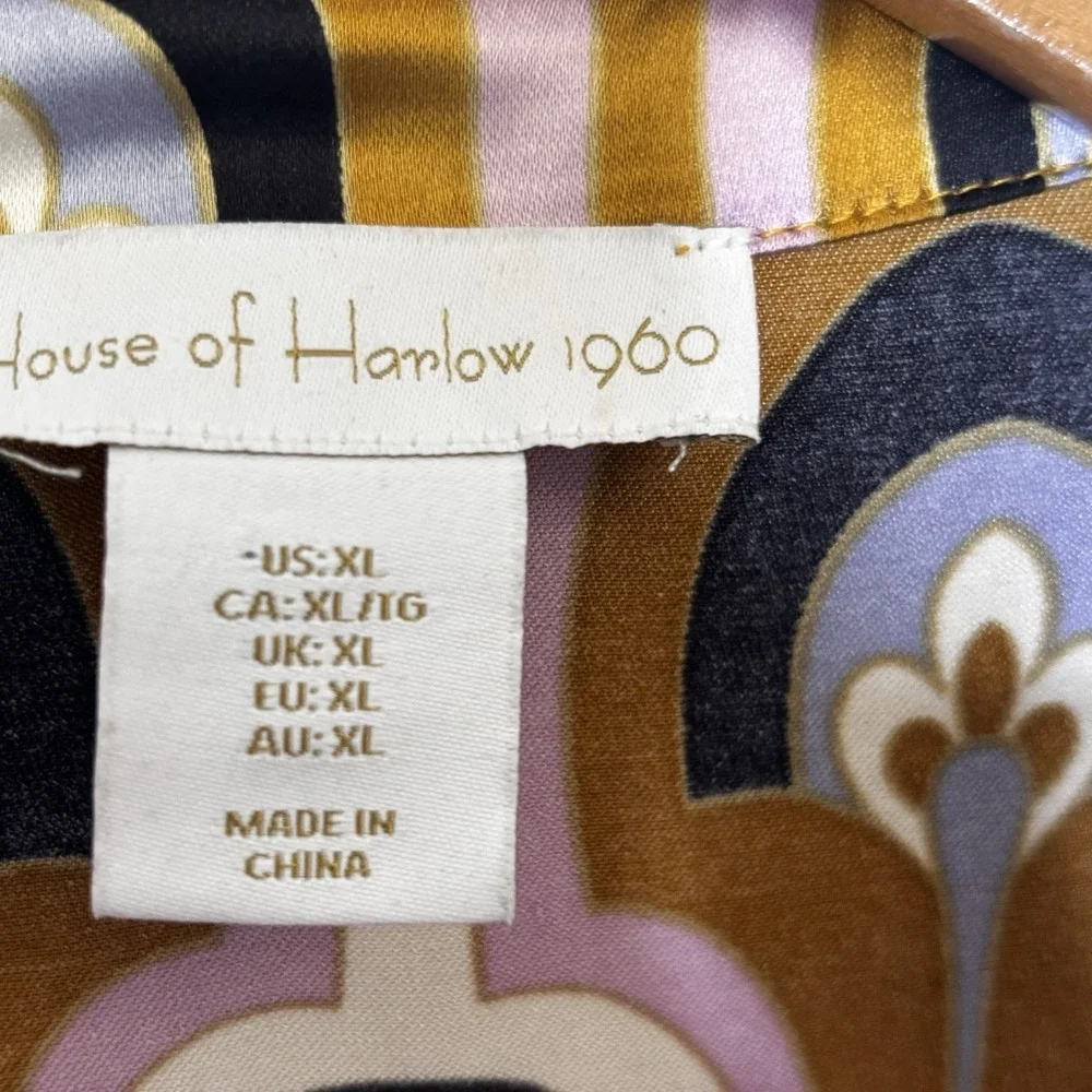 House of Harlow 1960 Blouse Top XL Art Deco Button Up Pink Gold Satin Retro READ - Picture 3 of 16
